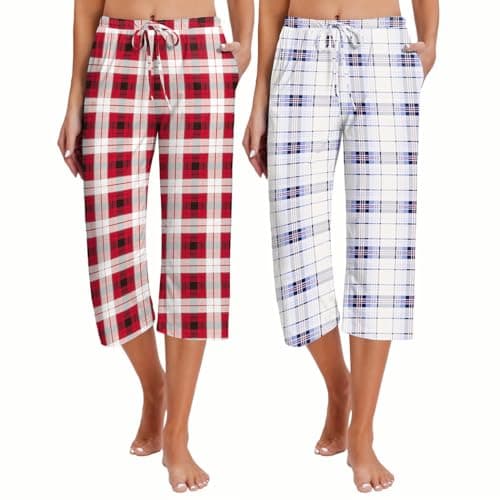 Ekouaer 2 Pack Women's Capri Pajama Pants Printed Drawstring Comfy Pj Bottoms With Pockets
