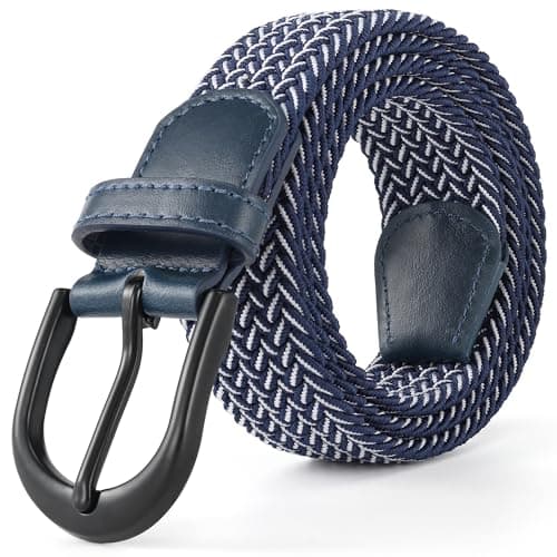 Mile High Life | Braided Stretch Elastic Belts | Pin Oval Solid Black Belt Buckle | PU Loop End Tip Men/Women/Junior Belt(Blue White,X-Large 40"-42" (47" Length))