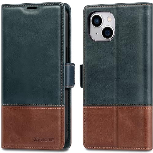 KEZiHOME Case for iPhone 15 Plus, Genuine Leather Wallet Case [RFID Blocking] [Card Slots ] [Kickstand] Shockproof Flip Cover Magnetic Case Compatible with iPhone 15 Plus 5G 2023 (Navy Blue/Brown)