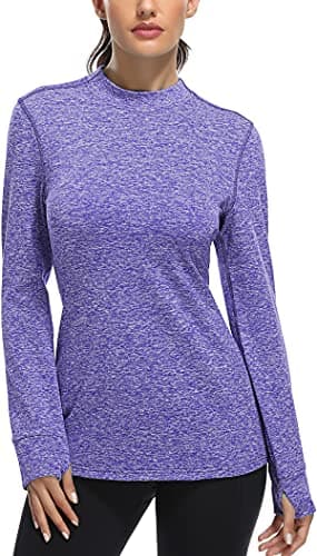 Fulbelle Mock Turtle-Neck Thermal Fleece Running Top Women Long Sleeve, Thumb HoleTee T-Shirts Workout Fall Athletic Fashion Sweat-Shirts Pullover Outdoor Cold Weather Clothes Purple XX-Large