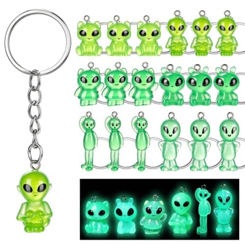 GDZRDFLH 18 Pcs Small Alien Keychains Glow in The Dark Resin Aliens Figures