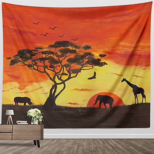 BROSHAN Wall Cover Tapestry for Living Room, African Wildlife Tree Animal at Sunset NatureTapestry Wall Hanging Fabric for Kids Bedroom Wall Art Blanket Extra Large, 71 X 90
