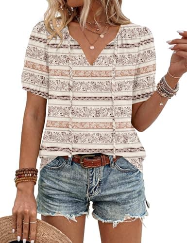 LOMON Beach Outfits for Women Boho Tie Front Tops Summer Puff Short Sleeve Country Concert Mexican Shirts (Red Flower Stripe,L)