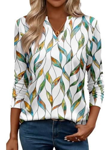 CRAZY GRID Women Plus Size V Neck Fall Top Fashion Casual Dressy Long Sleeve Shirt Ladies Loose Light Blouse Comfort Soft Large Fall Clothes Oversized 3XL White Green Leaf Printed