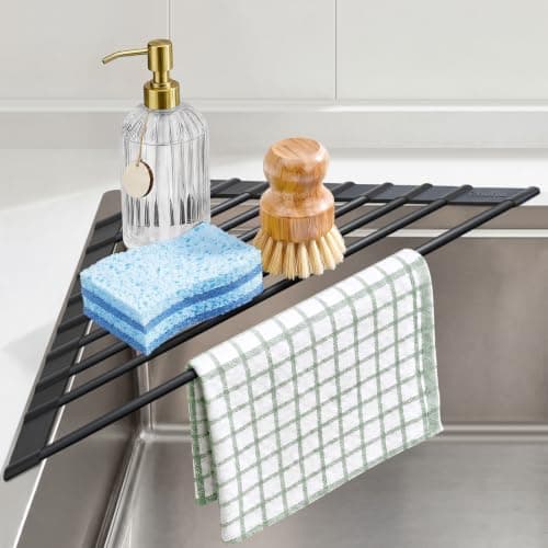 Ohuhu Corner Sink Caddy, Sponge Holder for Kitchen Sink Organizer - Silicone Wrapped Steel Anti Slip Rust Triangle Over the Sink Roll-UP Dish Drying Rack for Sink Corner Kitchen Sink Accessories