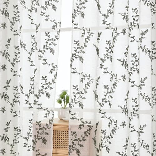 OWENIE Sage Green Embroidered Sheer Curtains - 84 Inches Long 2 Panels Set for Bedroom Living Room, Light Filtering Floral Paterrn Textured Semi Sheer, Rod Pocket Farmhouse Drapes, 2PCS 50" Wx84 L