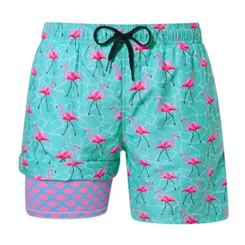 uideazone Mens Board Shorts Swimwear Pink Flamingo Swim Trunks with Compression Liner Boxer Brief Lined Swim Shorts Summer Beach Swimwear with Phone Pocket S