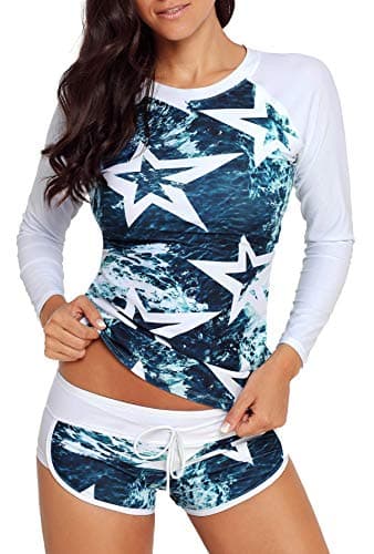 Runtlly Womens Long Sleeve Rash Guard Swimsuit Sun Protection Sport Wetsuit Two Piece Swimsuit Set S-XXXL LS910401 XL White