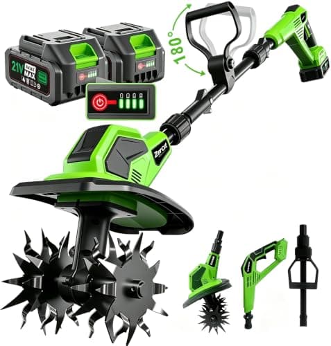 21V Cordless Garden Tiller with 8.0Ah Battery (2×4.0Ah + Charger) – 360RPM, 9" Tilling Width & 8.6" Depth, SK5 Steel Blades, 3 Adjustable Height Settings for Garden, Raised Beds & Lawn