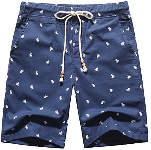 Janmid Men's Linen Short Casual Drawstring Summer Beach Floral Shorts for Men Navy Pineapple S