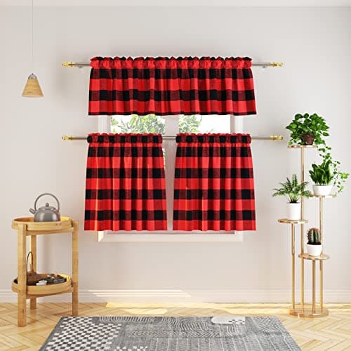 NATUS WEAVER 3 Pc Cotton Classic Country Farmhouse Kitchen Window Curtain -Red & Black Buffalo Check Tier & Valance Set, 54" x 18" / 27" x 30"