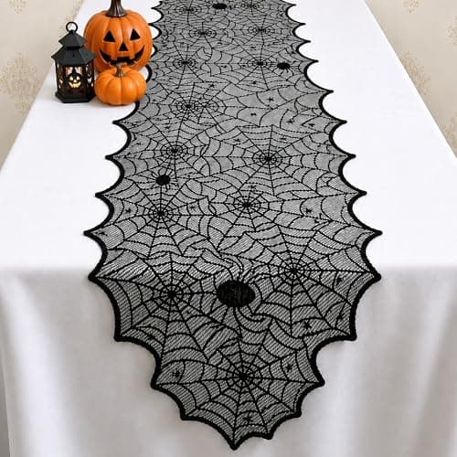 Halloween Decorations - Black Lace Spider Web Table Runner | Halloween Decor Party Favors Supplies for Indoor Outdoor - Halloween Table Centerpiece Decor for Home Office Dining Kitchen, 18 X 72 Inch
