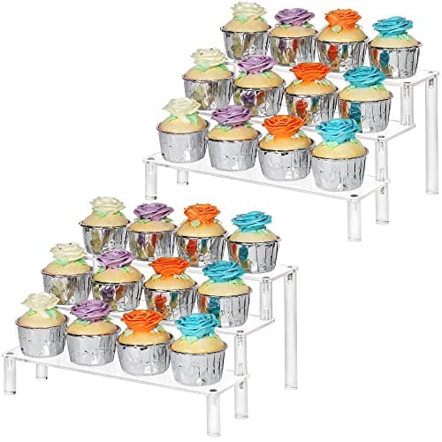 YestBuy 2 Pack Cupcake Stand for 32 Cupcakes, Multifunctional and Durable Acrylic Display Stand for Pop Firgures in Cabinet, Clear Stair Stand for Dessert Table