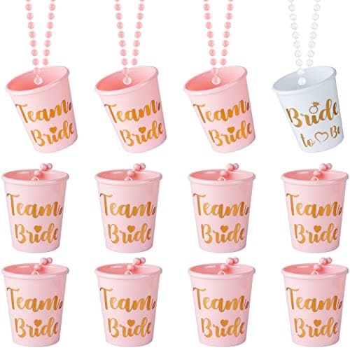 MGupzao Bachelorette Party Favors Shot Glass Necklace 12Pcs Bride to Be and Team Bride Cup Necklace with Plastic Beads for Bridal Shower Engagement Party Pink and White