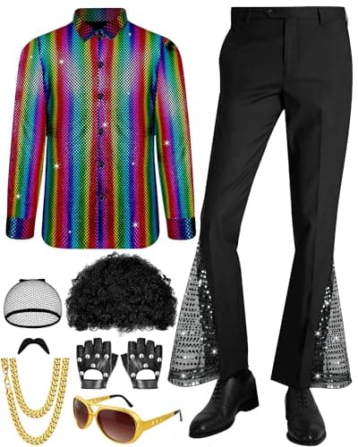 Mukum 8 Pcs Disco Outfit Men 70s Costume with Retro Multicolor Sequin Shirt and 80s Bell Bottom Pants, Men's 70s Disco Outfit with Wig Mustache Gloves Sunglasses Necklace for Halloween-XL