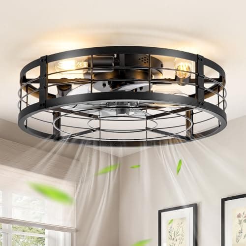 LEDIARY 20" Black Caged Low Profile Ceiling Fan with Light and Remote