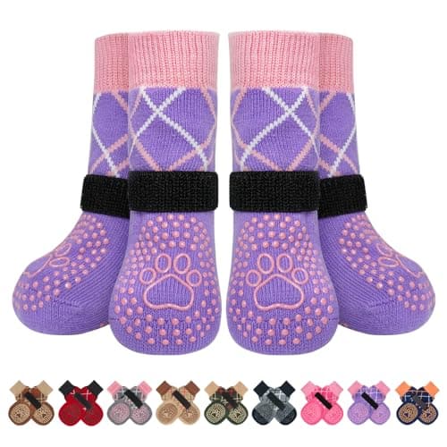 BEAUTYZOO 6PCS Dog Socks to Prevent Licking Paws, Anti Slip Dog Shoes for Hot Pavement Hardwood Floors, Traction Control Toe Grips Boots & Paw Protector for Small Medium Large Senior Dogs, Purple M
