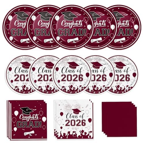 XIENBLOC Graduation Party Decorations Class of 2026 Plates Napkins Maroon Graduation Party Supplies Disposable Paper Plates for Congrats Grad Decorations Serve 50