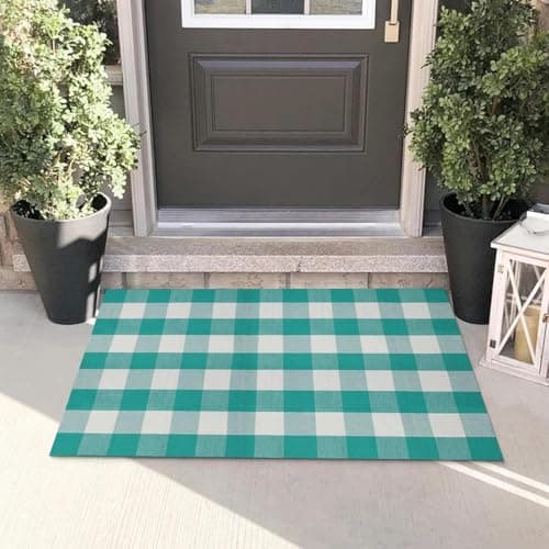 LYGLIGH Green and White Outdoor Rug, Buffalo Plaid Rug, 27.5"x43" Checked Rugs Washable, Cotton Front Door Mat Indoor, Low Pile, Fade Resistant, Pet-Friendly Area Rug for Kitchen, Farmhouse, Entryway