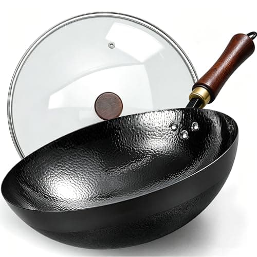 UMETRE Carbon Steel Wok Pan, 11.8-Inch Nonstick Pre-Seasoned Woks & Stir-Fry Pans with Glass Lid, No Chemical Coated Wok Round Bottom Hand Hammered Chinese Wok for Gas Stoves