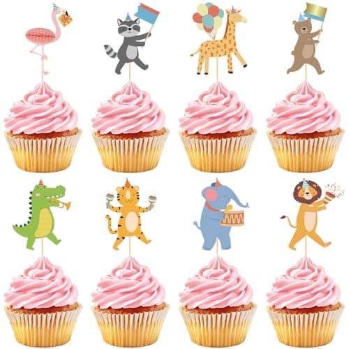 Abilat 40 Pcs Safari Jungle Animal Cupcake Toppers Woodland Animal Parade Cake Picks Carnival Decorations for Kids Birthday Baby Shower Party Supplies