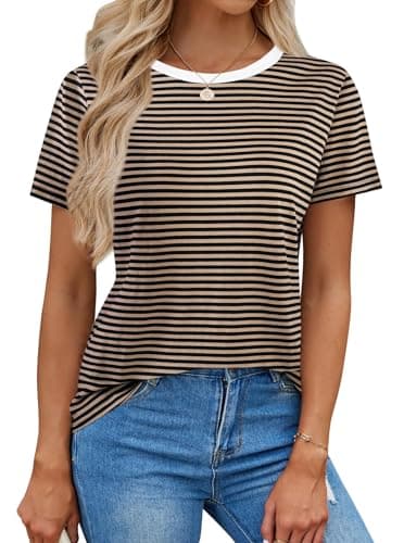LilyCoco Women's Striped Shirt Short Sleeve Color Block Tops Crewneck Summer T Shirt Black and Brown Large