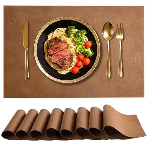 Faux Leather Placemats for Dining Table Set of 8, Edge-Sealed PU Leather Table Mats, Waterproof Heat Resistant Non-Slip Washable Placemats for Kitchen Table Decor (8pcsWarm Brown)