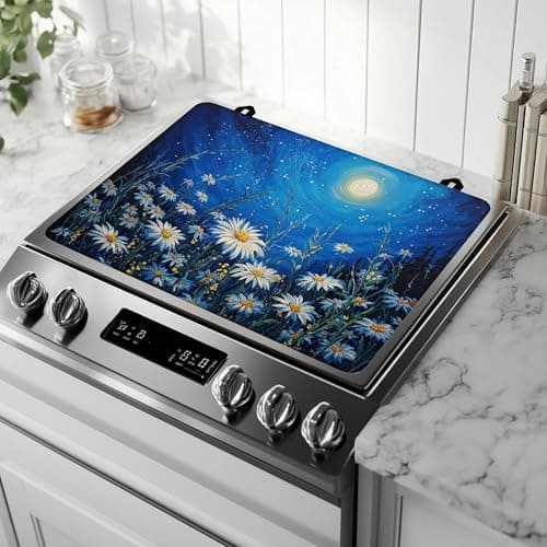 Starry Night Moon Electric Stove Top Cover Protector,Daisy Flower Heat Resistant Glass Top Stove Oven Induction Cooktop Mat with Rubber for Kitchen Top Covers 28.5'' x 20.5''