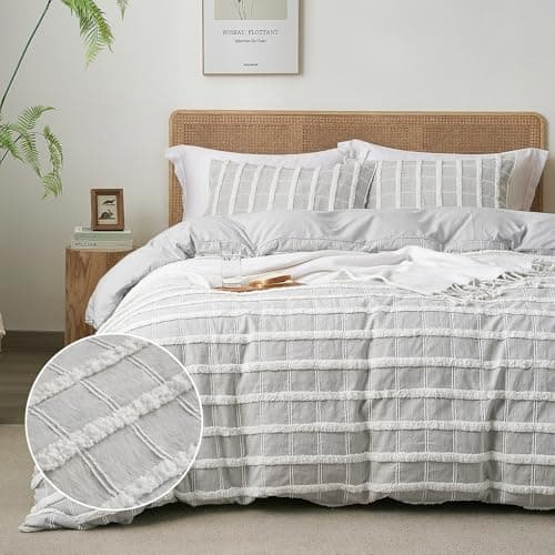 Tufted Boho Grey Stripe Queen Duvet Cover with 2 Pillow Shams, No Comforter