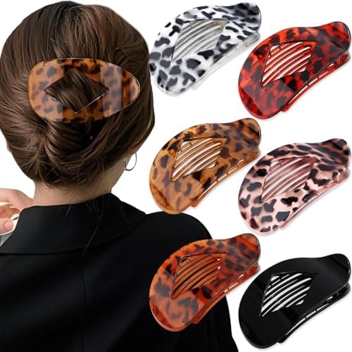 Atoden Large Flat Round Hair Clips Oval Claw Clips for Thick Medium Thin Hair 6Pcs Non Slip Strong Hold Barrettes Duckbill Accessories for Women Girls Leopard Tortoise Shell Color