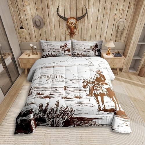 Western Comforter Set Full, Farmhouse Cowboy Bedding Set Western Bedding, Country Southwest Desert Down Comforter, American Wild Cactus Duvet Insert, Vintage Hand Drawn Print 3Pcs Quilt for Boys Men