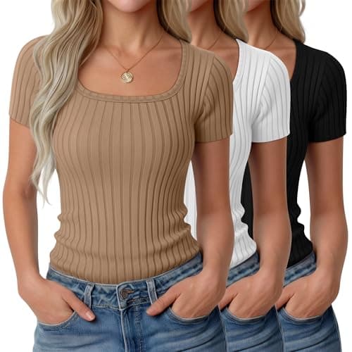 Sweetyweee 3 Pack Women's Cotton Short Sleeve Tops, 3-Color, Large