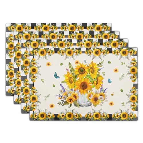 Sunflower Placemats Set of 4 18x12 Inch Summer Fruit Black and White Buffalo Plaid Linen Place Mats Heat-Resistant Washable Wipeable Yellow Floral Table Mat for Kitchen Dining Room Dinner Table Decor