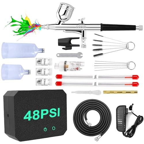 Airbrush Kit with Air Compressor, 40 48 PSI High Pressure Air Brush Non-Clogging with 0.2/0.3/0.5mm Nozzle/Sets, Airbrush Ideal for Nails Art, Makeup, T-Shirt Painting, Cake Ecorating DIY Model