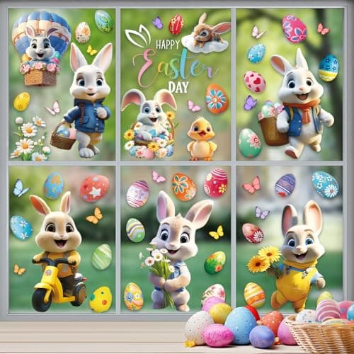 2026 New 75 PCS Rabbits Window Clings, 9 Sheets Watercolor Static Cling Stickers with Easter Egg & Bunny Designs, No Residue Kids Easter Stickers for Home, School, Office, Party Decorations