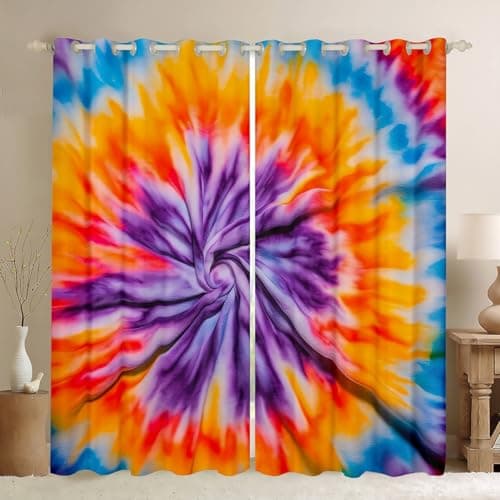 Feelyou Tie Dye Curtains 42W x 63L Inches Boho Swirl Curtain for Girls Bedroom Trippy Orange Blue Purple Tie Dye Thermal Curtain Hippie Bohemian Window Treatment Draperies Colorful 2 Panels