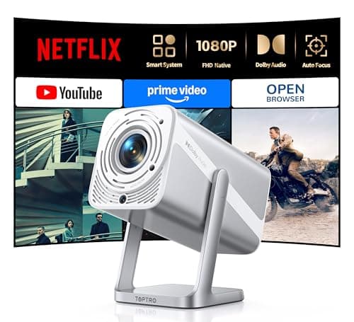 Smart Projector [Built-in Apps/4K Support/2026 Upgraded] with WiFi and Bluetooth, Native 1080P Outdoor Movie Projector, Auto Focus, Dolby Audio, TOPTRO Mini Portable Proyector w/ YouTube/Prime Video