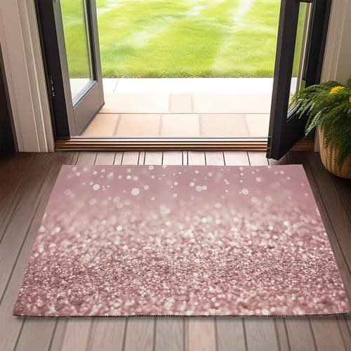Rose Gold Glitter Door Mats Outdoor Entrance,Christmas Doormat 17 X 30 Inch Waterproof All-Season Low-Profile Front Mat for Indoor Floor Home Entryway
