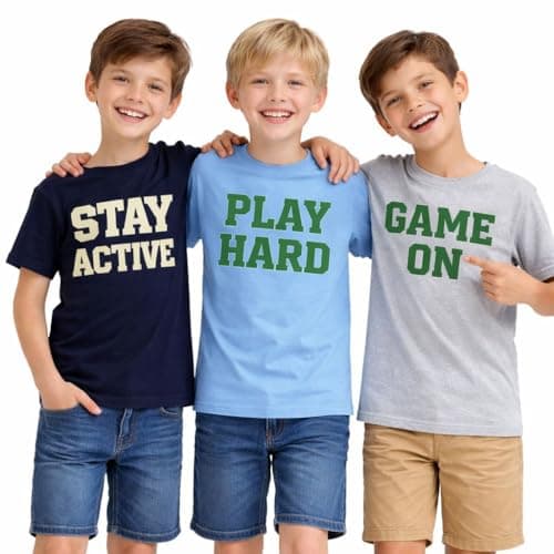 Boys Graphic T Shirts 3 Pack Cotton Short Sleeve Athletic Letter Print Tee Shirts Casual Summer Tops for Kids Big Boys 3-13 Years
