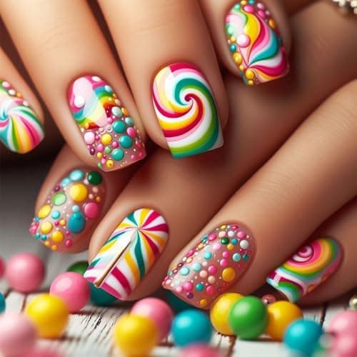 Rainbow Press on Nails Medium Square Fake Nails with Colorful Swirl Candy Design Cute False Nail Full Cover Reusable Stick on Nail for Women 24Pcs