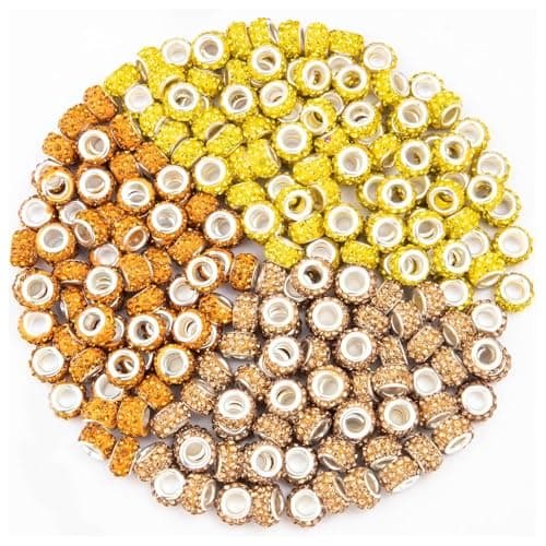 200 Pieces European Large Hole Spacer Beads, Zyehxed Yellow European Craft Beads Rhinestone Lampwork Beads Fairy Garden Beads for DIY Charms Bracelet Necklace Earring Jewelry Making Supplies