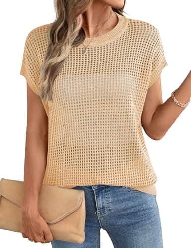 Ivicoer Womens Summer Crochet Top Short Sleeve Hollow Out Sweater Women's Summer Dressy for Women 2026 Apricot L