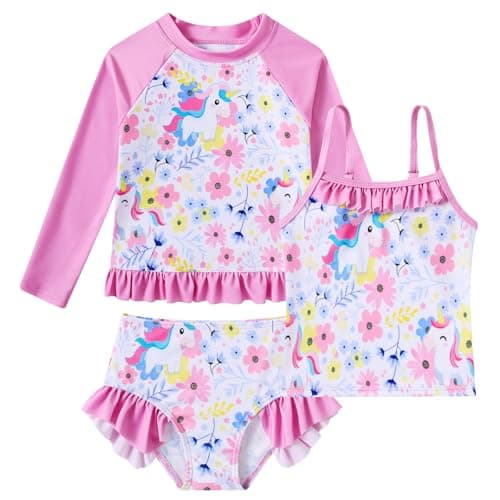BFUSTYLE Little Girls Swimsuit 3-4 Years Flower Rash Guard Long Sleeve Bathing Suit for Girls 3 Piece Swimwear Size 4 Sun Protection Kids Bikini