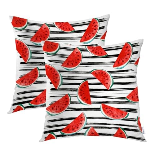 Batmerry Summer Fruits Decorative Pillow Covers, Green Red Watermelon Colorful Fruits Delicious Double Sided Throw Pillow Covers Sofa Cushion Cover Square 16 x 16 Inches(Set of 2)