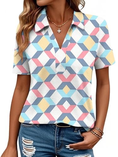 Bellcoco Black Women Polo Shirts UPF 50+ Golf Shirt V Neck Short Sleeve Shirt Sun Protection Collared Shirt for Work Quick Dry Z Pink Yellow Argyle S