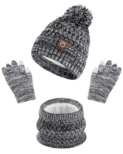 WELROG Kids Winter Hat Gloves Scarf Set - Warm Fleece Lined Beanie Cap for Boys and Girls Black