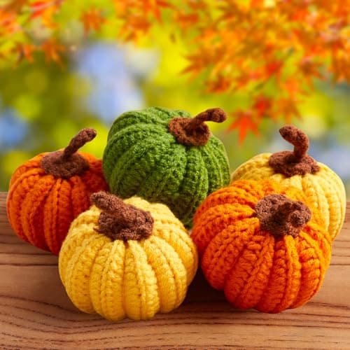 DUQGUHO Pumpkin Decor Crochet Small Decorative Pumpkins Orange Green Yellow Knitted Gift Mantel Thanksgiving Table Decorations 5 Pcs