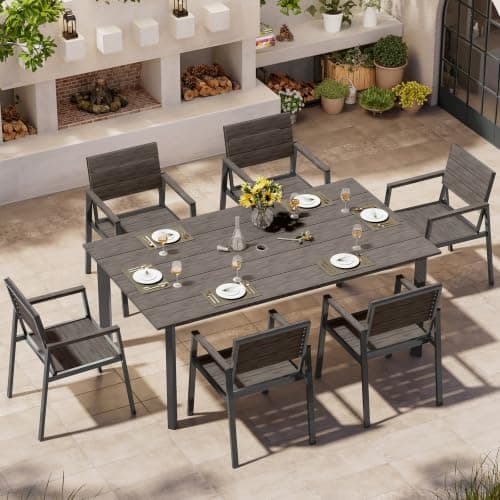 Oasbira Outdoor Dining Set for 6, Patio Table and Chairs Set with Umbrella Hole, 7 Pieces HDPS + Aluminum Outdoor Furniture Sets for Patio, Garden (Charcoal)