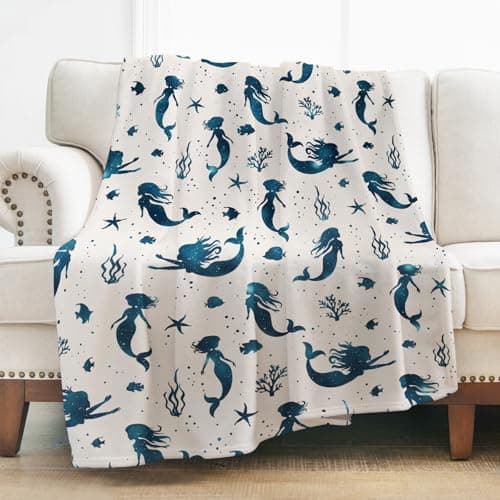 Mermaid Throw Blanket for Girls Birthday Gifts, Mermaids Lovers Gifts Blankets, Cute Mermaids Coral Fish Soft Cozy Flannel Blankets for Ocean Lover Decor Couch Bed Sofa Travelling Camping 50"x60"