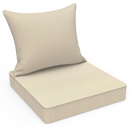 LVTXIII Outdoor Deep Seat Cushion Patio Seat and Back Cushion Set Seasonal Chair Cushion with Removable Cover and Adjustable Buckle for Home and Garden, 24"x24"x4", Strip Beige